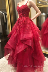 Ruffled A-line Lace Long Formal Prom Dress With Beading