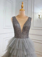 Ruffles Tulle V Neck Gray Sequin Long Formal Prom Dress