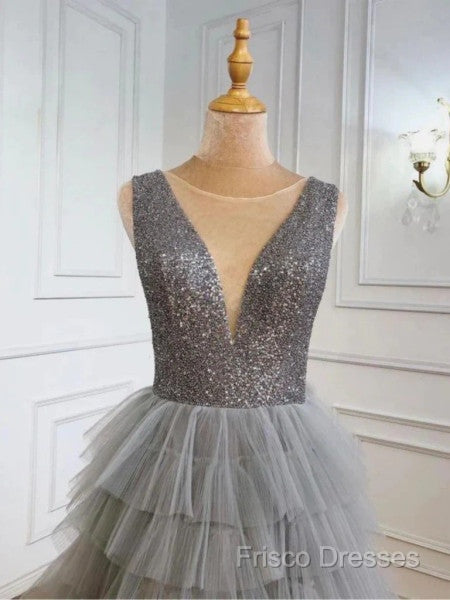 Ruffles Tulle V Neck Gray Sequin Long Formal Prom Dress