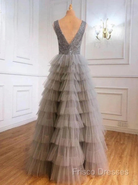 Ruffles Tulle V Neck Gray Sequin Long Formal Prom Dress