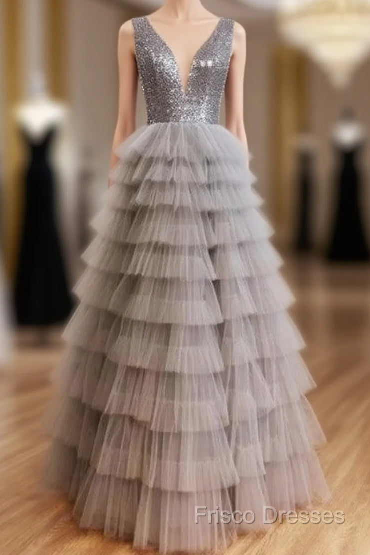 Ruffles Tulle V Neck Gray Sequin Long Formal Prom Dress Main image