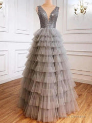 Ruffles Tulle V Neck Gray Sequin Long Prom Dress