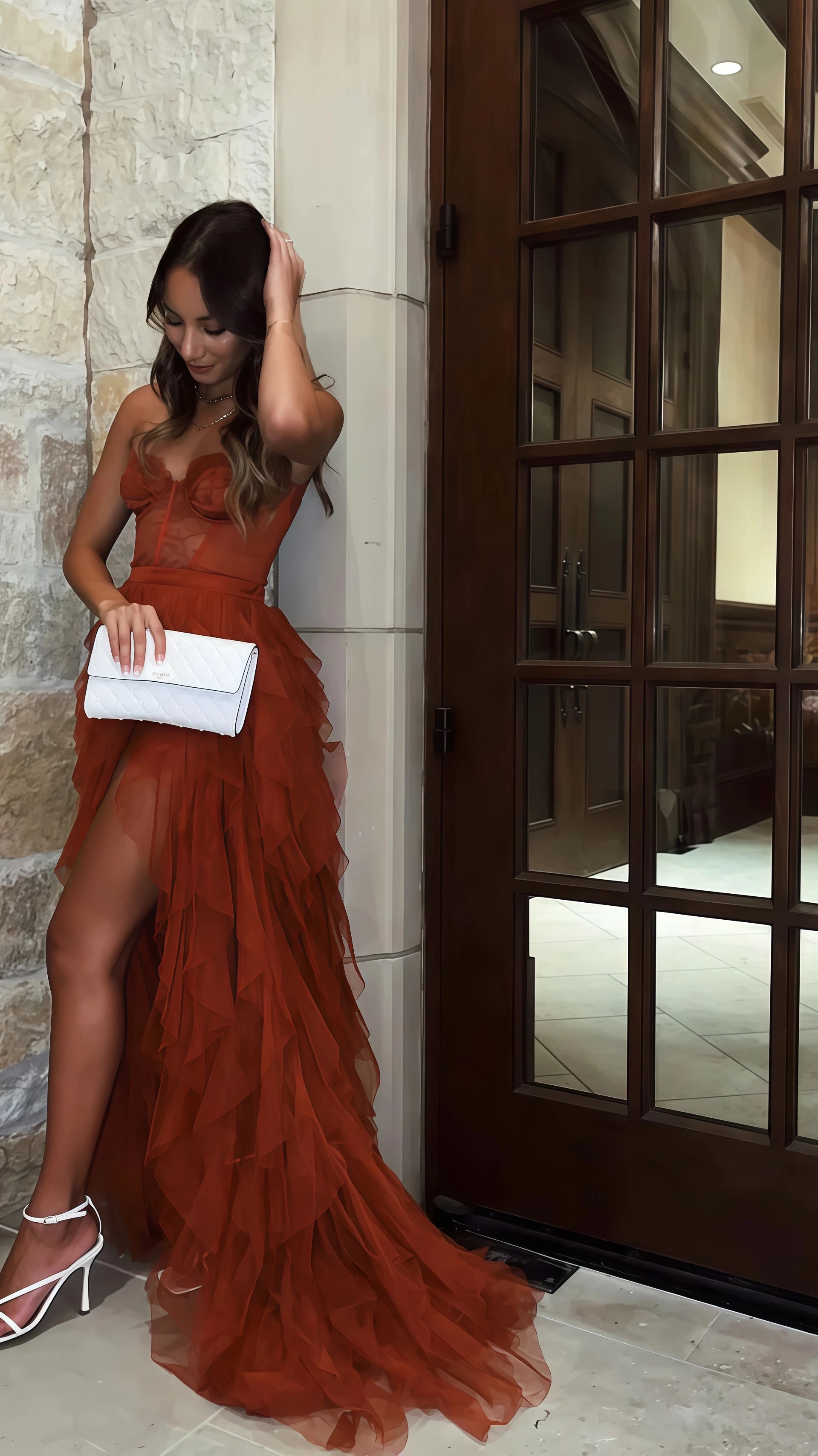 Rust Red Sweetheart High Low Tiered Formal Dress,Tulle Long Evening Prom Dresses Secondary image