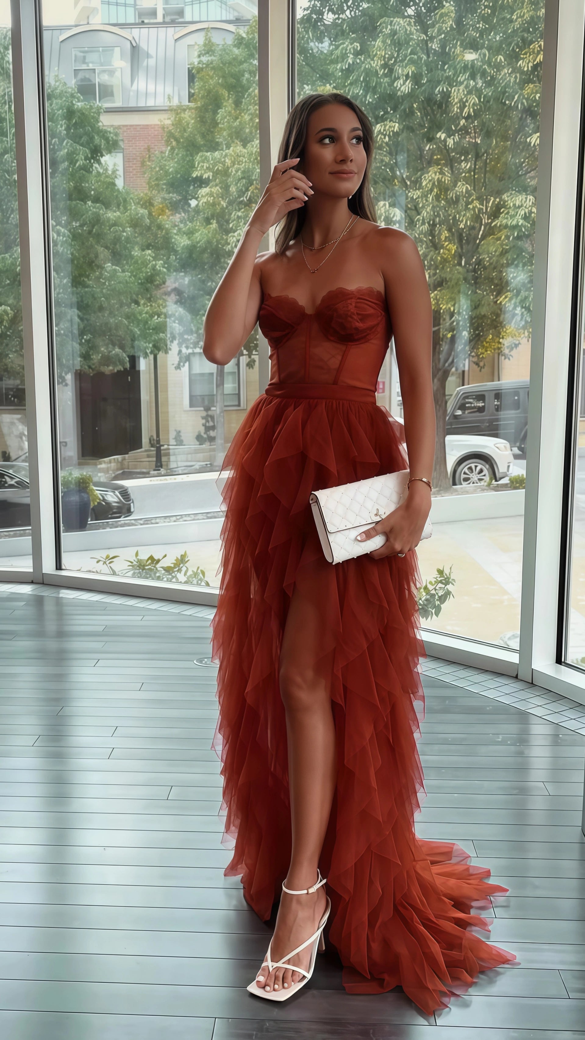 Rust Red Sweetheart High Low Tiered Formal Dress,Tulle Long Evening Prom Dresses