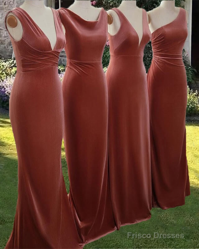 Rust Velvet Bridesmaid Dresses Mismatched Main image