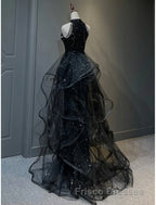 A-Line Formal Prom Dress Vintage Dress Wedding Guest Wedding Party Sweep / Brush Train Sleeveless Halter Neck Wednesday Addams Family Sequined with Crystals Sequin Ruffles Masquerade Dress