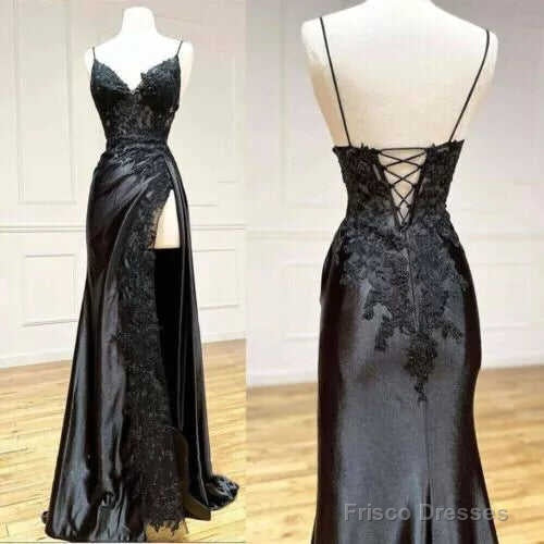 Sexy Spaghetti ShoulderStrap Prom Dresses Applique Side Split Party Evening gown