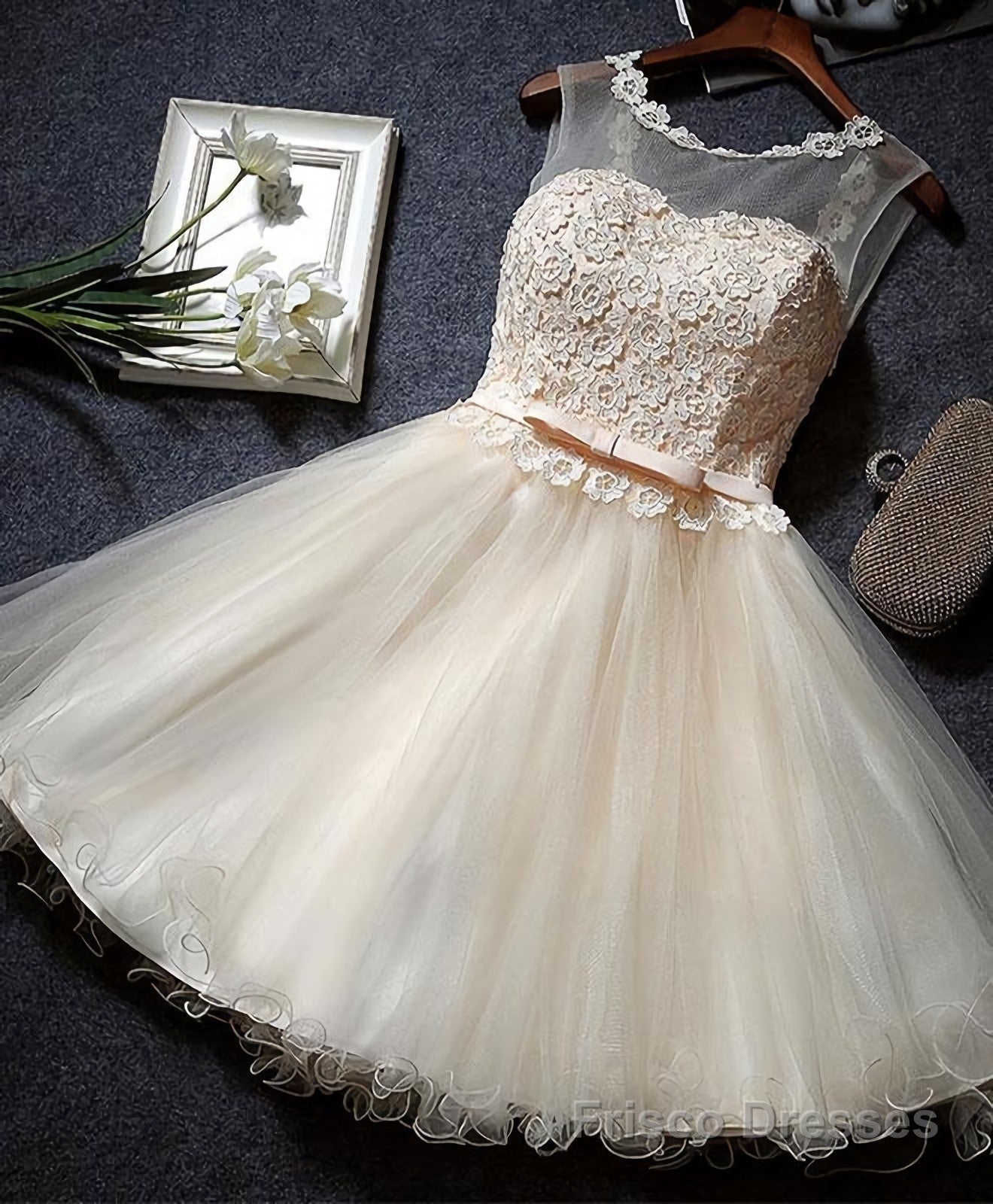 Cute Champagne A Line Lace Short Prom Dress, Homecoming Dress Main image