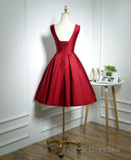 Simple Burgundy Satin V Neck Short Formal Prom Dress, Evening Dress