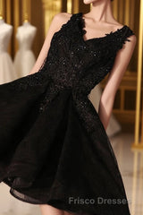 Black V Neck Lace Short Formal Prom Dress, Homecoming Dress, Homecoming Dress