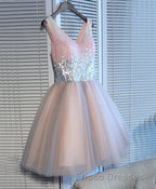Cute Pink V Neck Tulle Seqsuins Short Formal Prom Dress, Cocktail Dress