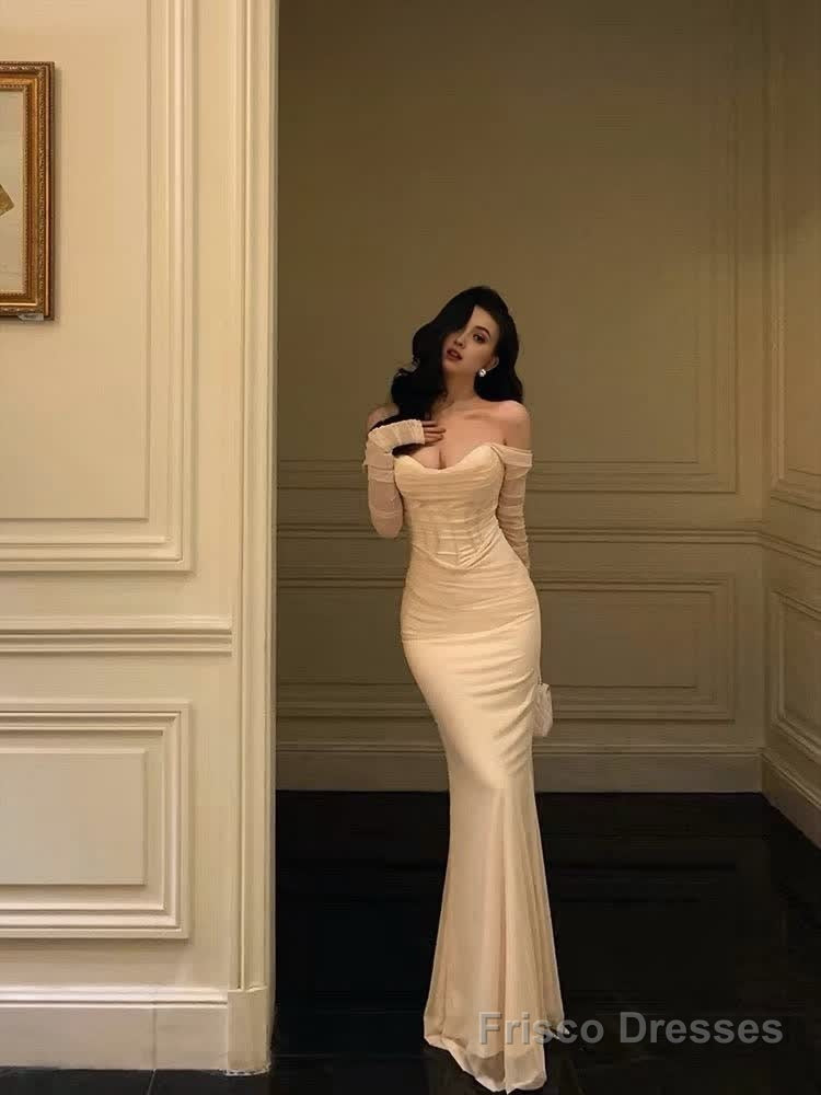 Chic Mermaid Off The Shoulder Long Sleeves White Long Prom Dresses Birthday Dress Main image