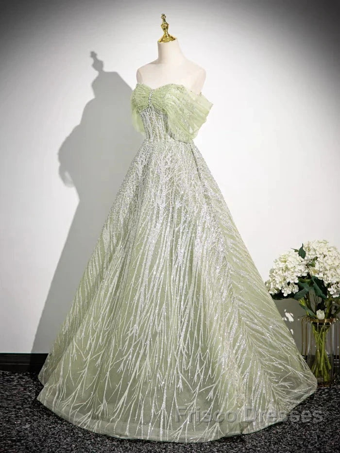 Sage A-Line Off The Shoulder Glittering Tulle Sequins Long Formal Prom Dress Sweet 16 Dress Secondary image