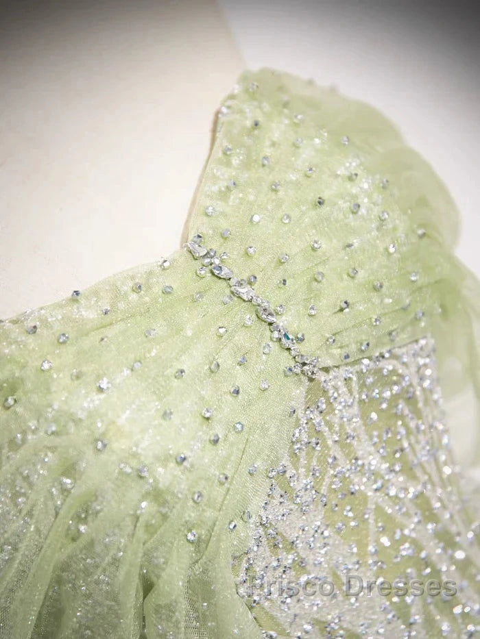 Sage A-Line Off The Shoulder Glittering Tulle Sequins Long Formal Prom Dress Sweet 16 Dress