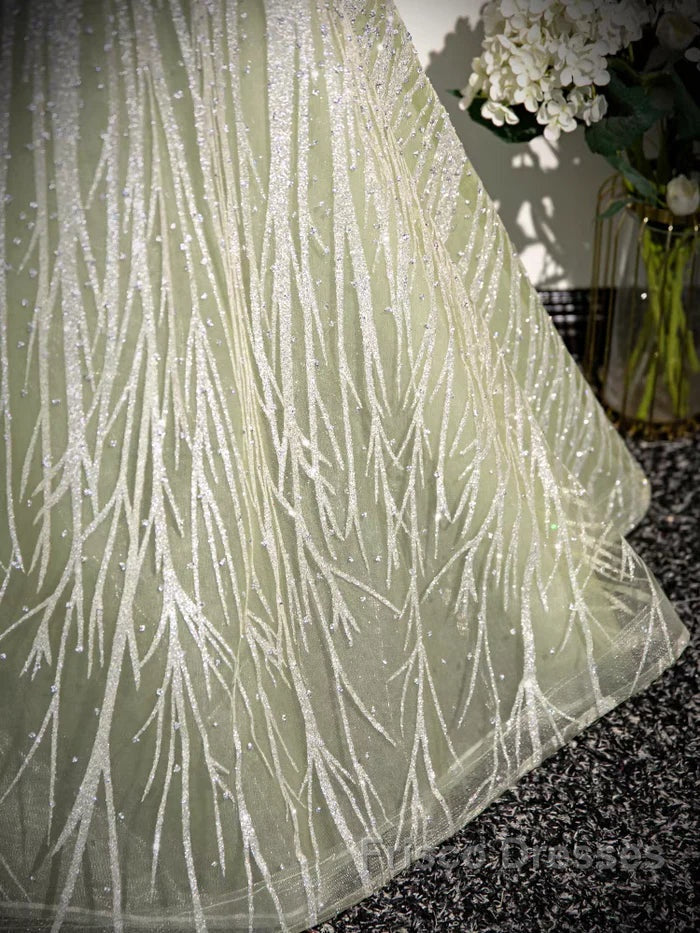 Sage A-Line Off The Shoulder Glittering Tulle Sequins Long Formal Prom Dress Sweet 16 Dress