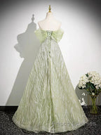 Sage A-Line Off The Shoulder Glittering Tulle Sequins Long Formal Prom Dress Sweet 16 Dress