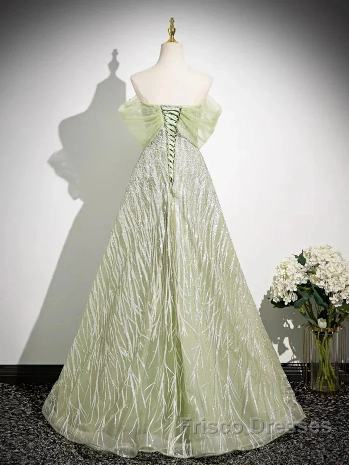 Sage A-Line Off The Shoulder Glittering Tulle Sequins Long Formal Prom Dress Sweet 16 Dress