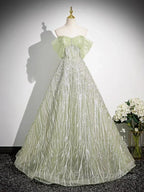 Sage A-Line Off The Shoulder Glittering Tulle Sequins Long Formal Prom Dress Sweet 16 Dress