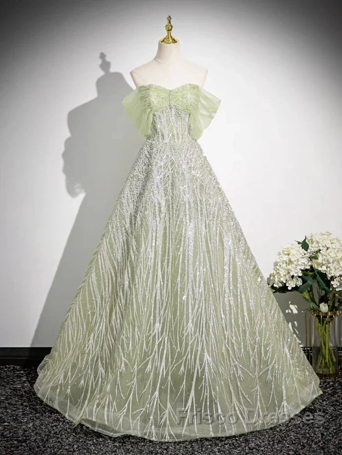 Sage A-Line Off The Shoulder Glittering Tulle Sequins Long Formal Prom Dress Sweet 16 Dress