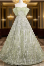 Sage A-Line Off The Shoulder Glittering Tulle Sequins Long Formal Prom Dress Sweet 16 Dress