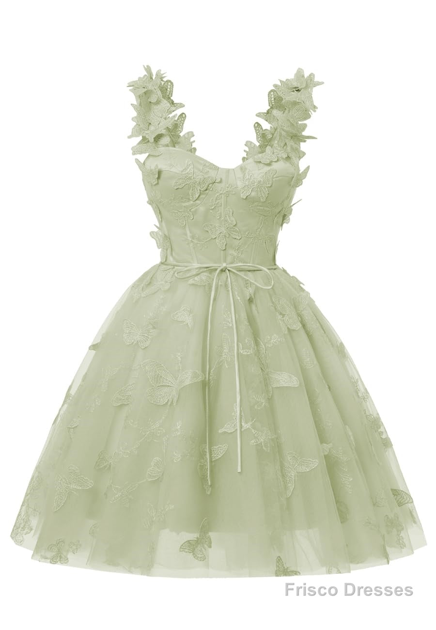 Sage Green 3D Butterfly Lace Applique Tulle Homecoming Dress for Teens Sweetheart Mini Short Prom Dresses Main image