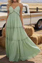 Sage Green A-line V Neck Sleeveless Floor-Length Chiffon Prom Dress Long Prom Dresses Backless with Pleated Ruffles