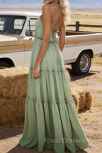 Sage Green A-line V Neck Sleeveless Floor-Length Chiffon Prom Dress Long Prom Dresses Backless with Pleated Ruffles