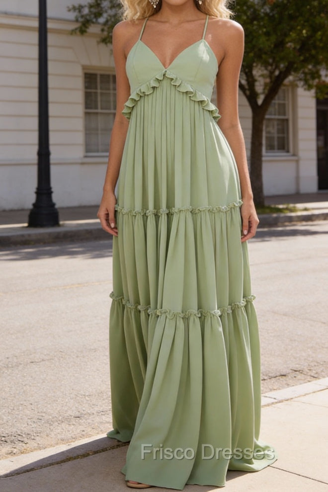 Sage Green A-line V Neck Sleeveless Floor-Length Chiffon Prom Dress Long Prom Dresses Backless with Pleated Ruffles Main image