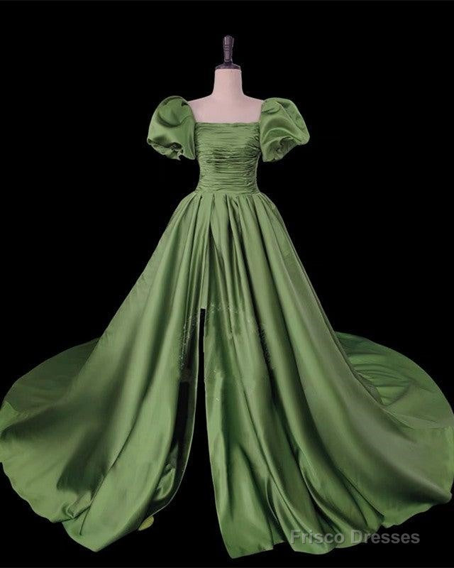 Sage Green Ball Gown Prom Dresses Puffy Sleeve Leg Split