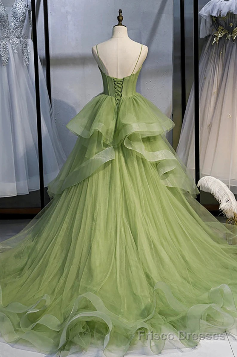 Sage Green Corset Long Prom Dress, Long Green Tulle Party Dress Evenin