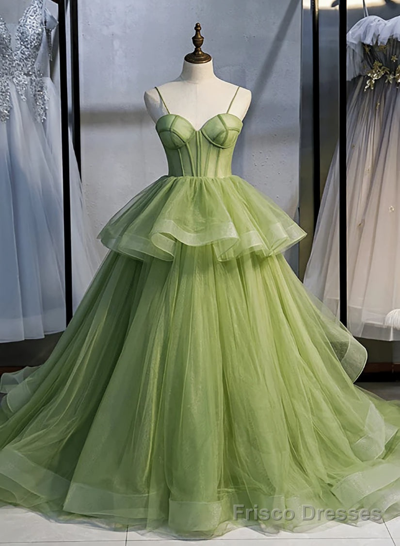 Sage Green Corset Long Prom Dress, Long Green Tulle Party Dress Evenin