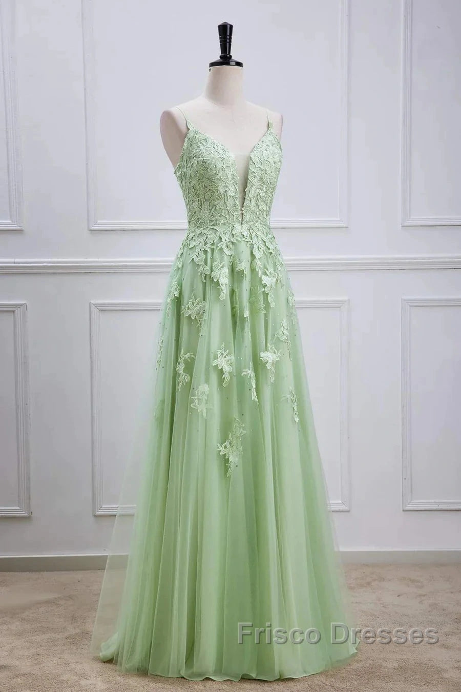 Sage Green Long Formal Prom Dress Lace Appliques V Neck Lace-Up Secondary image