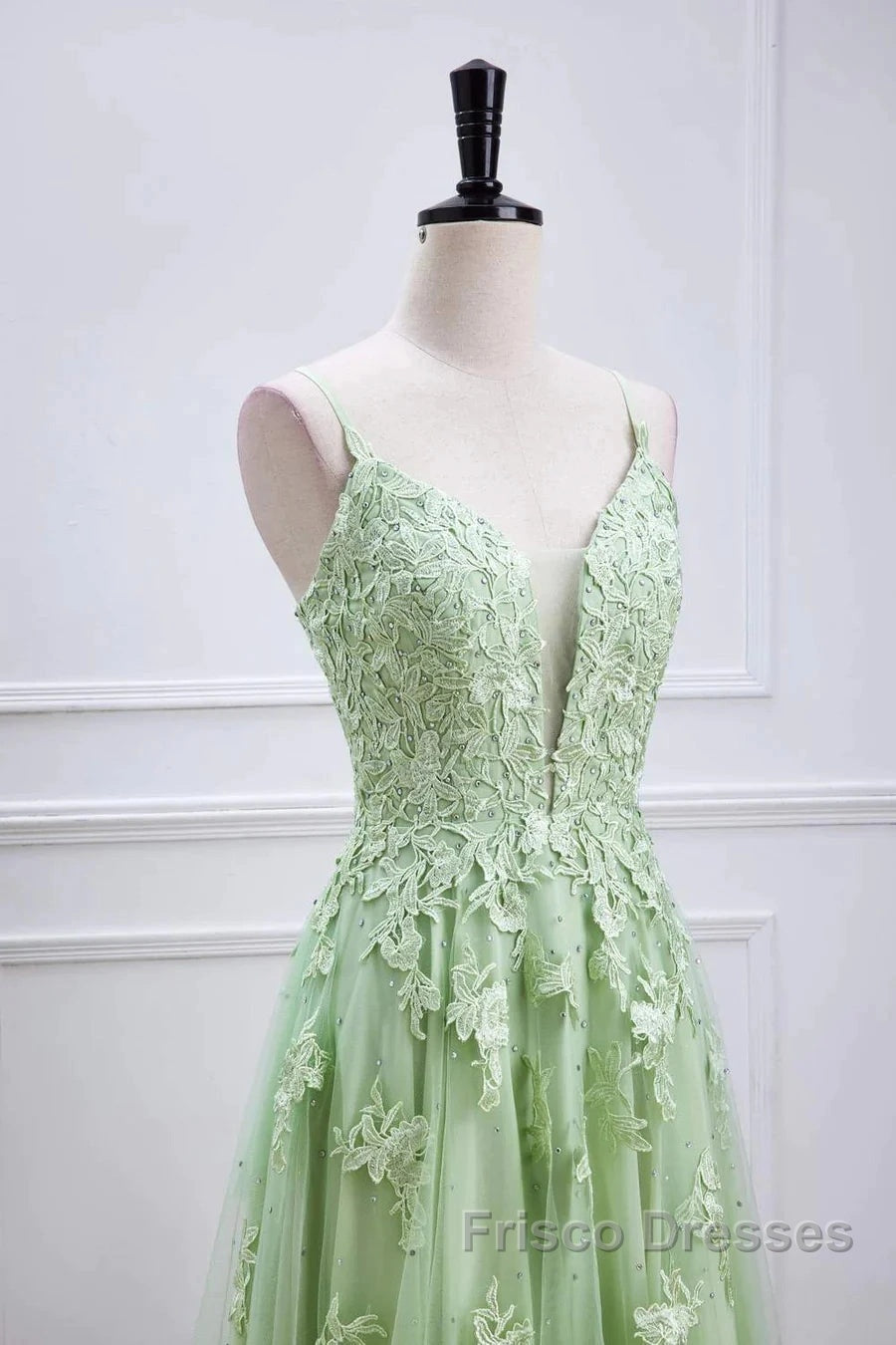 Sage Green Long Formal Prom Dress Lace Appliques V Neck Lace-Up