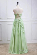 Sage Green Long Formal Prom Dress Lace Appliques V Neck Lace-Up