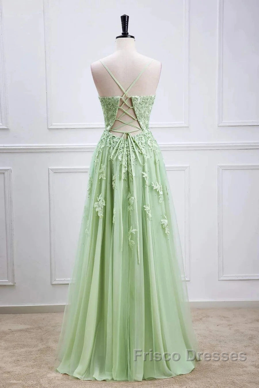 Sage Green Long Formal Prom Dress Lace Appliques V Neck Lace-Up