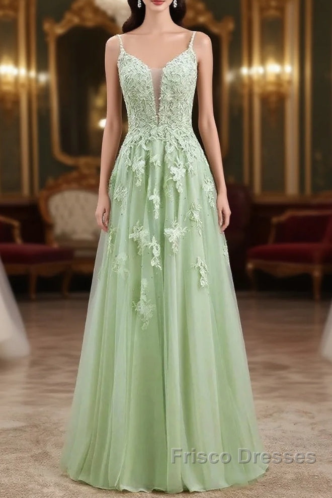 Sage Green Long Formal Prom Dress Lace Appliques V Neck Lace-Up