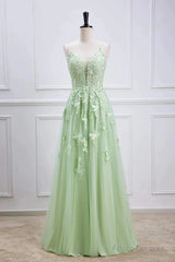 Sage Green Long Prom Dresses Lace Appliques V Neck Lace-Up