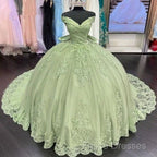 Sage Green Princess Quinceanera Dress Ball Gown Applique Off Shoulder Sweet 16 Formal Prom Dress