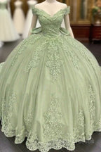 Sage Green Princess Quinceanera Dress Ball Gown Applique Off Shoulder Sweet 16 Formal Prom Dress