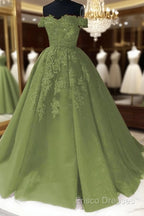 Sage Green Quinceanera Dress Off The Shoulder Lace Beaded Formal Gowns