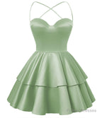 Sage Green Satin Homecoming Dress Sweetheart Neck Tiered Short Graduation Dresses