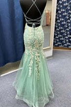 Sage Green Spaghetti Straps Mermaid Formal Prom Dress With Appliques