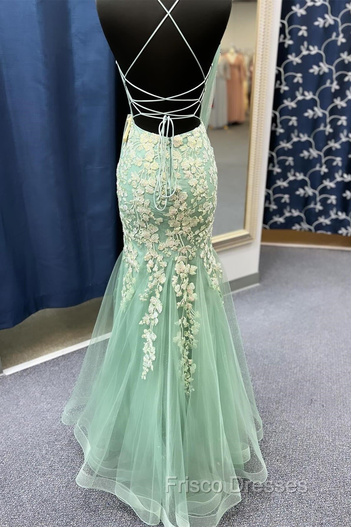 Sage Green Spaghetti Straps Mermaid Formal Prom Dress With Appliques