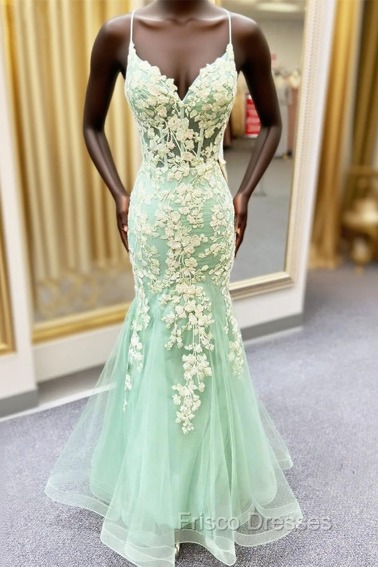 Sage Green Spaghetti Straps Mermaid Formal Prom Dress With Appliques