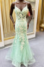 Sage Green Spaghetti Straps Mermaid Formal Prom Dress With Appliques