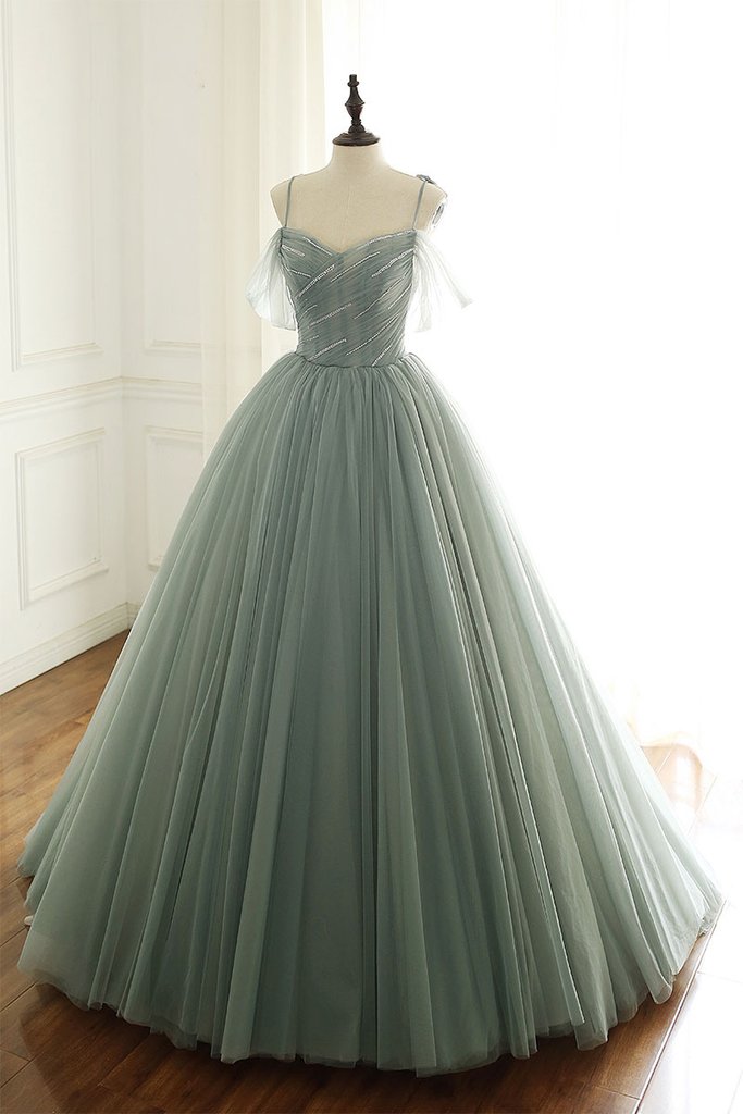 Sage Green Tulle Long Ball Gown With Spaghetti Straps, Sage Green Sweet 16 Dress Prom Gown Secondary image