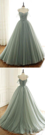 Sage Green Tulle Long Ball Gown With Spaghetti Straps, Sage Green Sweet 16 Dress Prom Gown
