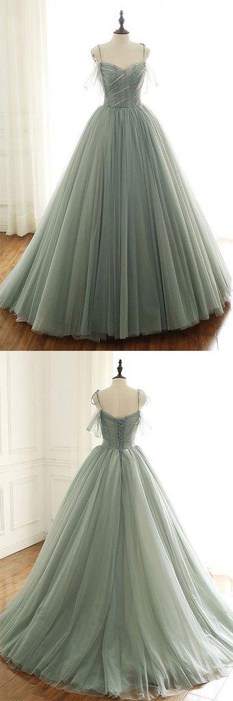 Sage Green Tulle Long Ball Gown With Spaghetti Straps, Sage Green Sweet 16 Dress Prom Gown