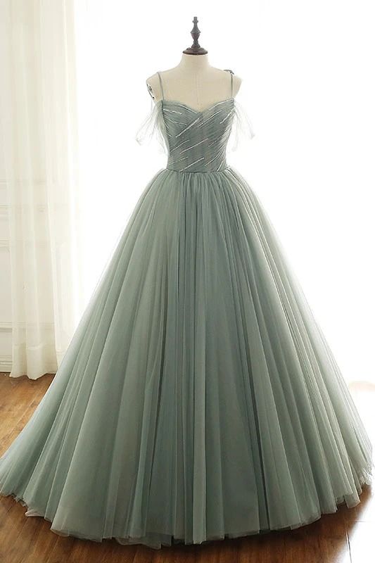 Sage Green Tulle Long Ball Gown With Spaghetti Straps, Sage Green Sweet 16 Dress Prom Gown Main image