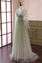 Sage Green Tulle Long Sleeve 3D Flower Formal Prom Dress